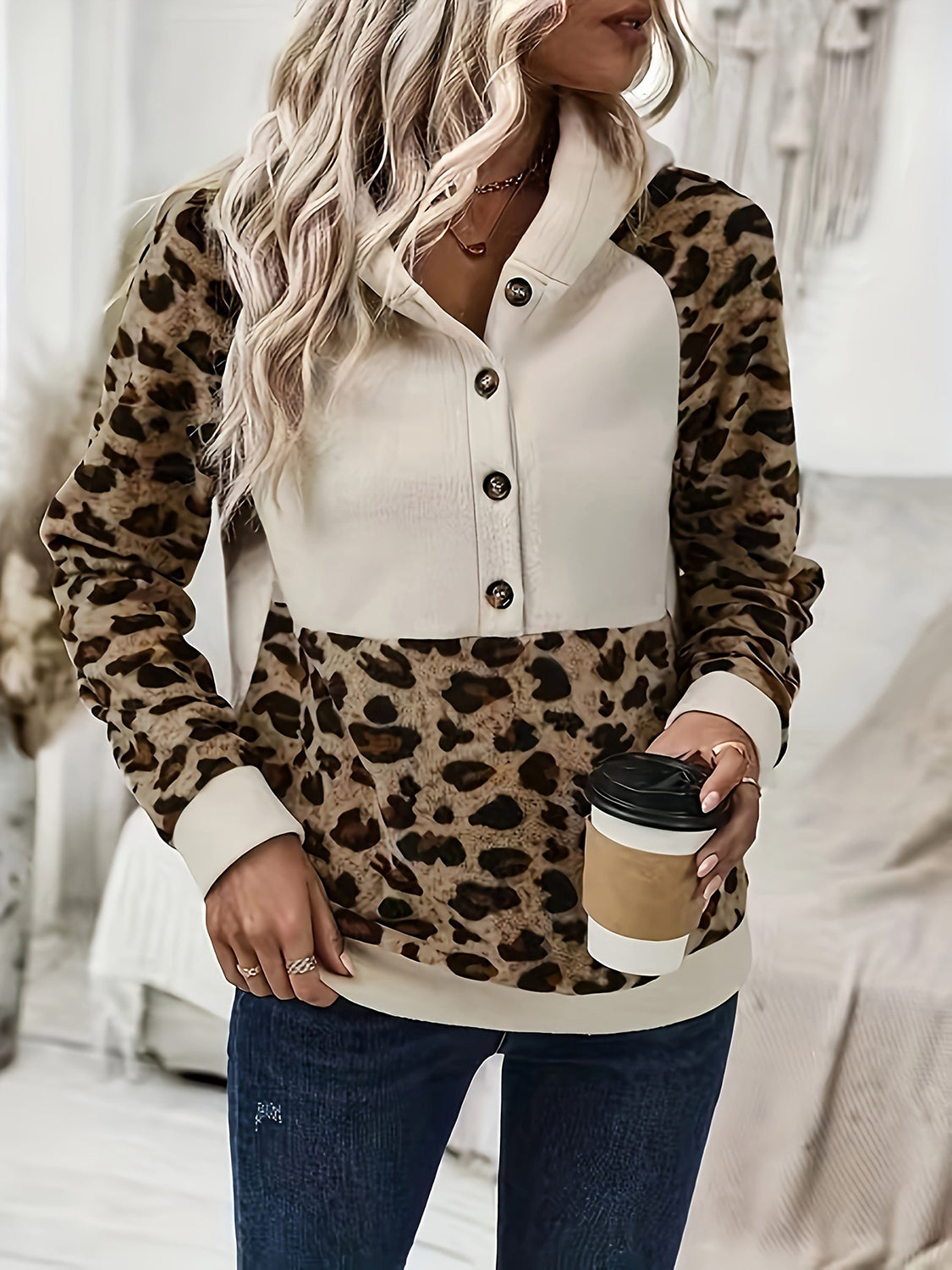 Leopard-Print Half-Button Long Sleeve Hoodie - (S-2XL)