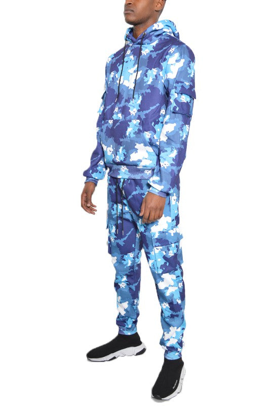 Camo Drawstring Pullover Hoodie & Elastic-Waist Drawstring Sweatpants Set - Multiple Colors - (S-3XL)