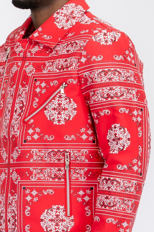 BANDANA PRINT FAUX LEATHER ZIPPER JACKET WITH POCKETS - MULTIPLE COLORS - (S-3XL)