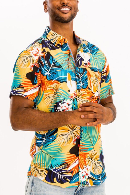 Hawaiian Print Button-Down Short Sleeve Shirt With Pocket - (S-3XL)