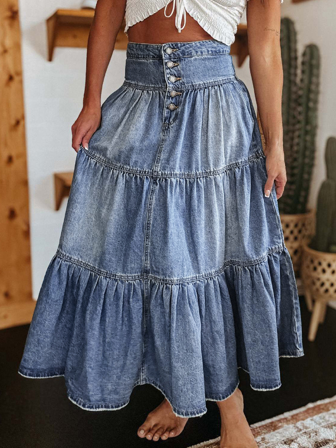 Button-Fly Tiered Maxi Denim Skirt - Medium Color - (S-XL)