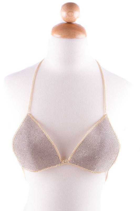 Rhinestone Fabric-Body Chain Bra - Gold