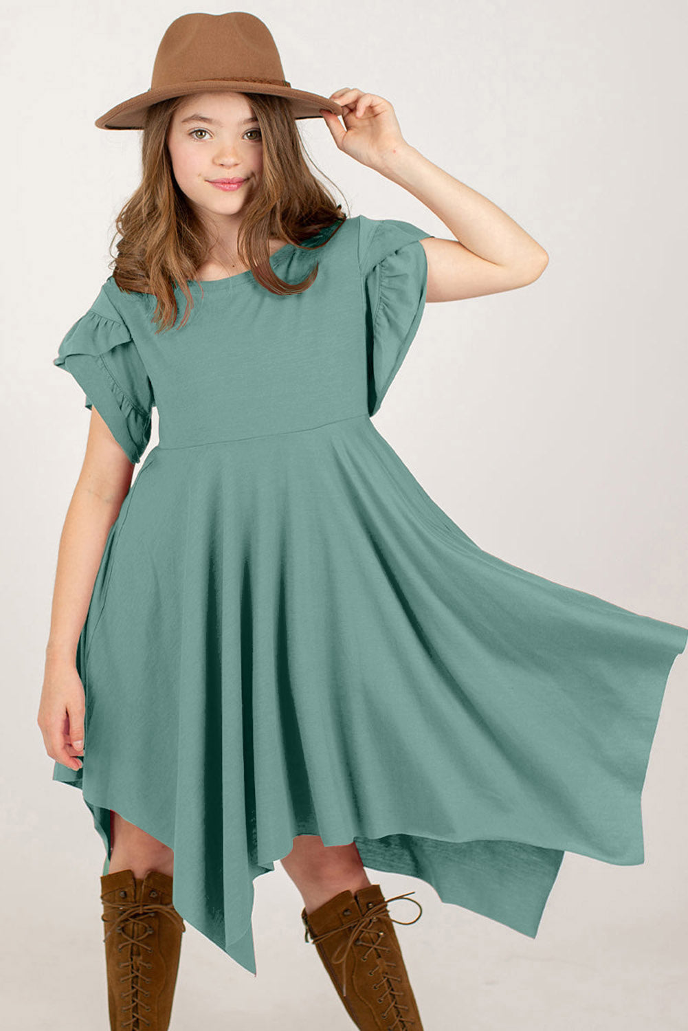 Stylish Round-Neck Short Petal-Sleeve Solid Midi Dress - Multiple Colors - (5T-12)