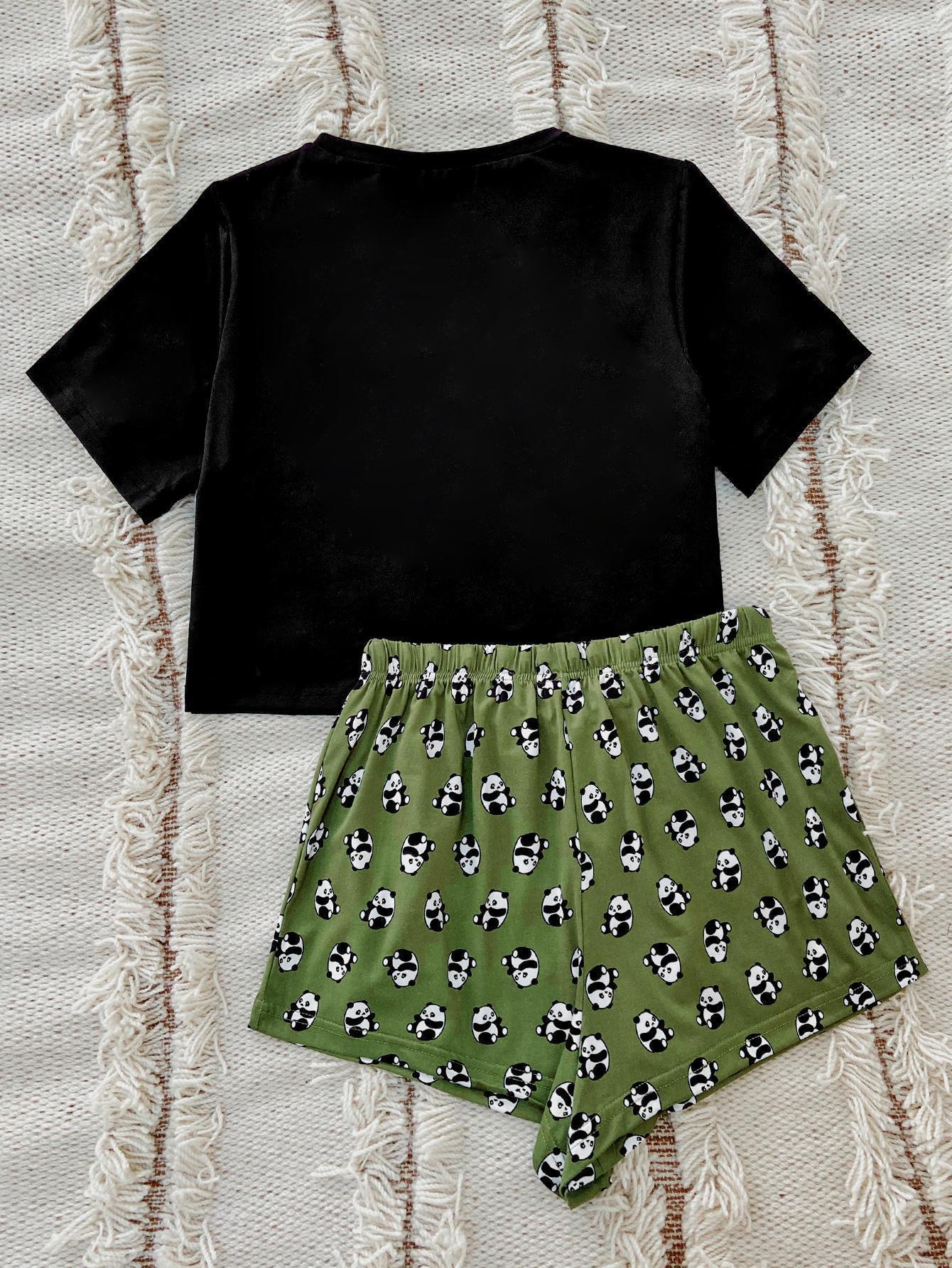 "FRIDAY" GRAPHIC TEE & PANDA-PRINT SHORTS LOUNGEWEAR SET - GREEN - (S-XL)