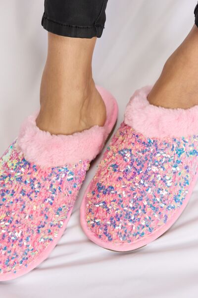 Sequined-Plush Round-Toe Slippers - Pink - (5-10)
