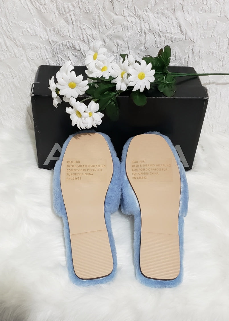 Aqua Snowy Shearling Slippers - Light Blue