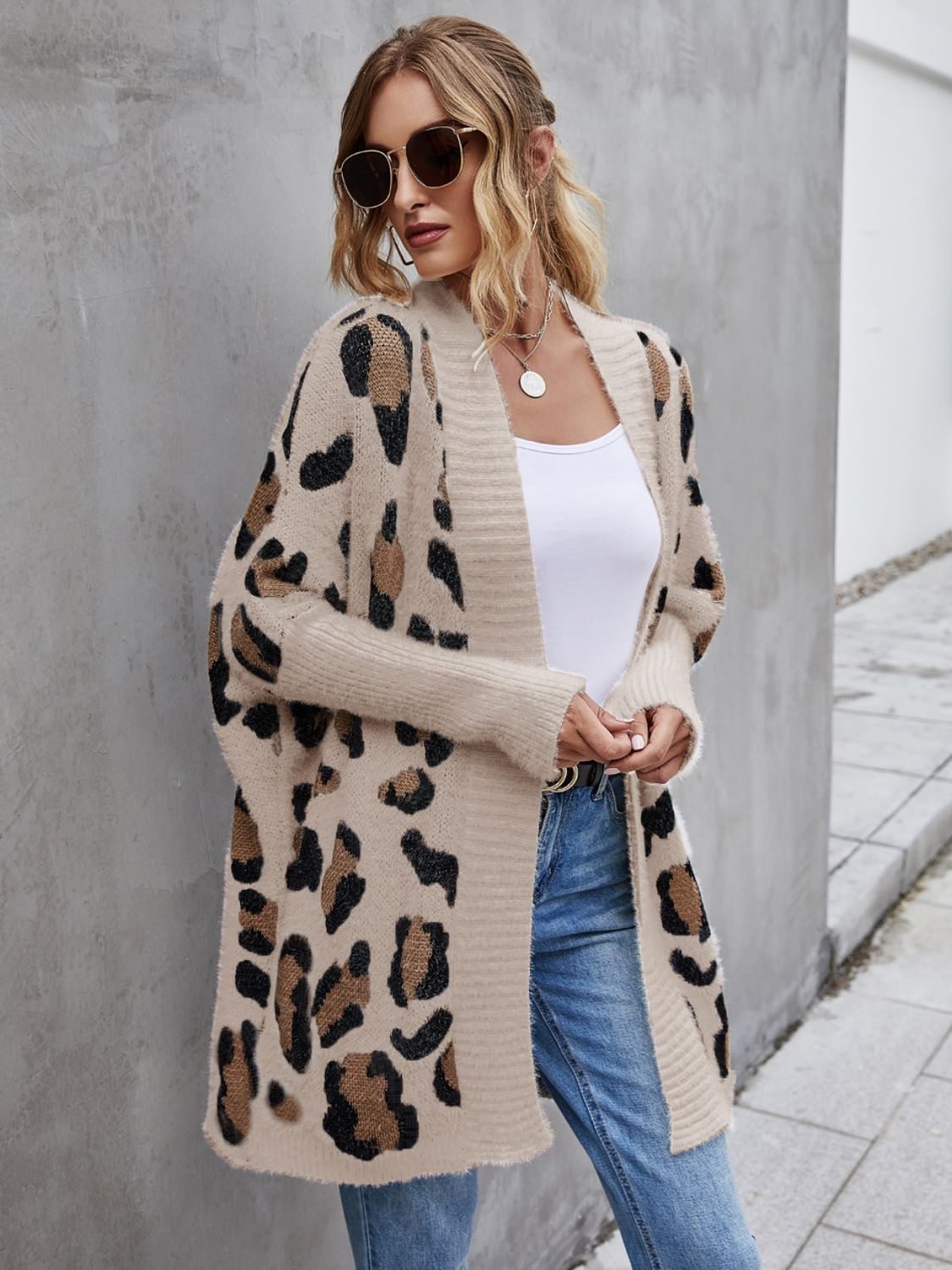 Casual Open-Front Leopard Pattern Fuzzy Long Sleeve Cardigan - Multiple Colors - (S-XL)