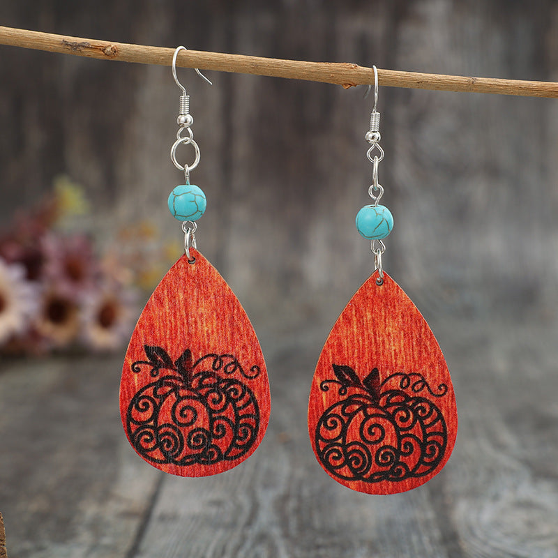 Turquoise-Stone Wooden-Pumpkin Teardrop Earrings