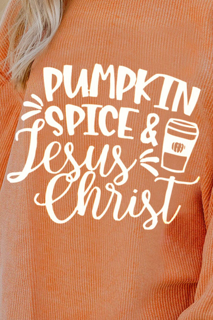"Pumpkin Spice &amp; Jesus Christ" Graphic Round-Neck Long-Sleeve Oversize Sweatshirt - (S-2XL)