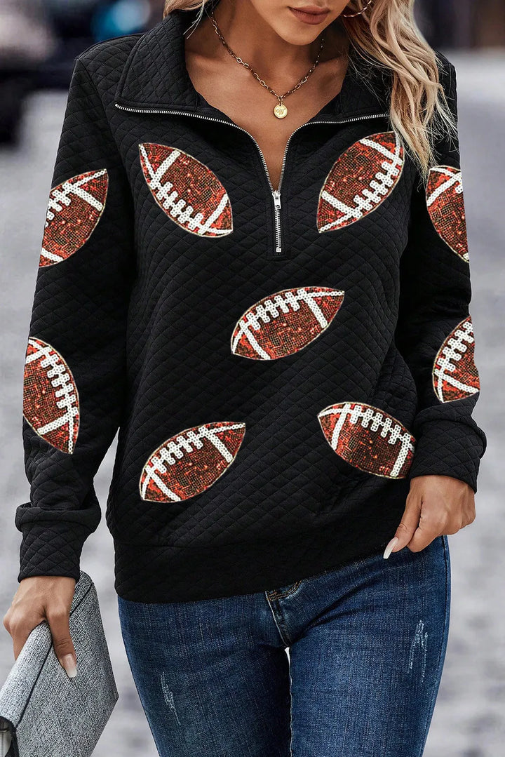 🏈✨ Sequin Football-Detail Long-Sleeve Sweatshirt – Black - (S-XL) ✨🏈