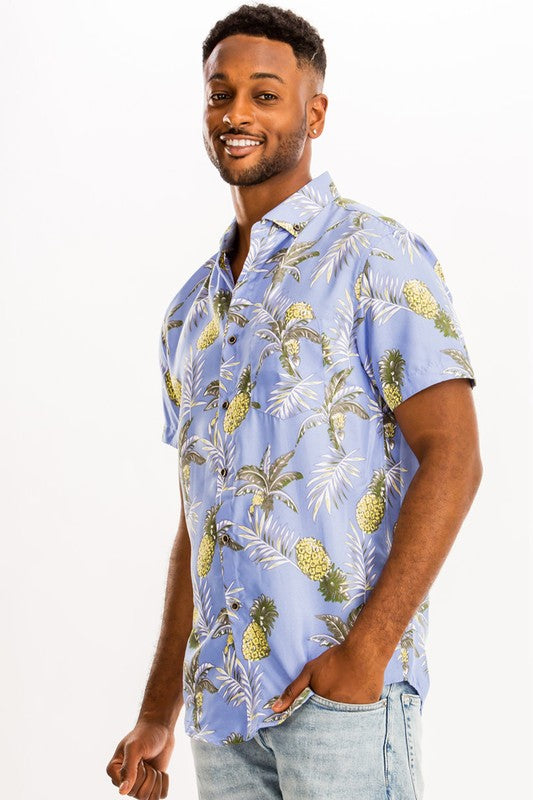 Hawaiian/Pineapple Print Short Sleeve Button-Down Shirt - (S-3XL)