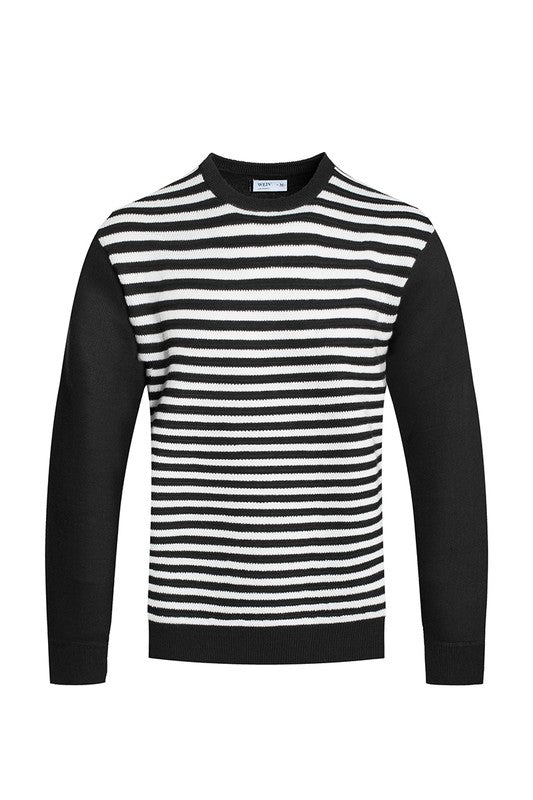 Knitted Round-Neck Striped Sweater With Solid Contrast Sleeves - Multiple Colors - (S-2XL)