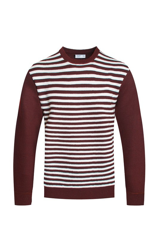 Knitted Round-Neck Striped Sweater With Solid Contrast Sleeves - Multiple Colors - (S-2XL)