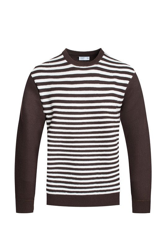 Knitted Round-Neck Striped Sweater With Solid Contrast Sleeves - Multiple Colors - (S-2XL)