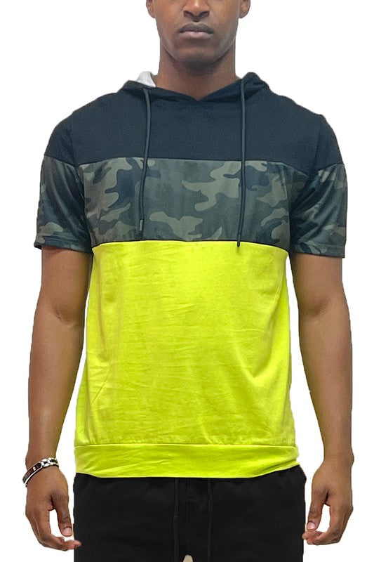 Camo & Solid Design Color-Block Short Sleeve Hooded Drawstring Shirt - Multiple Colors - (S-2XL)