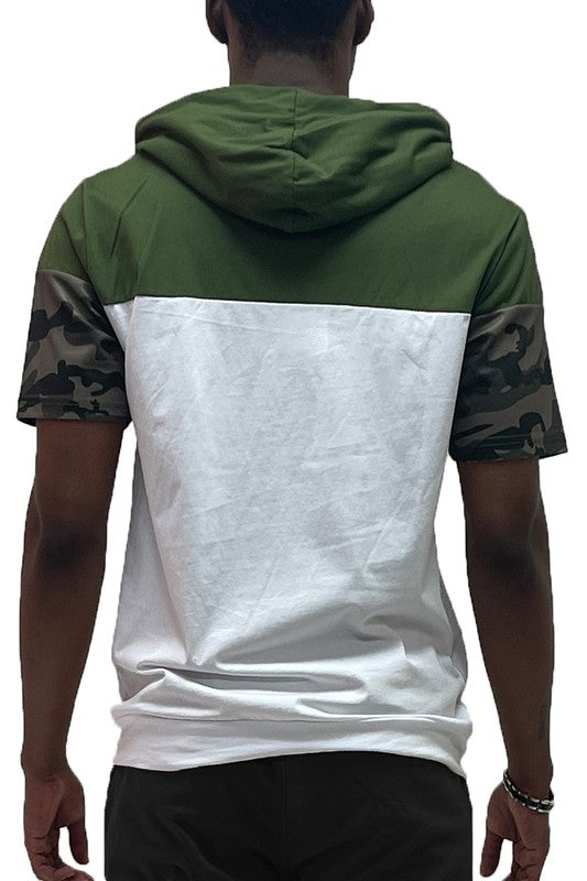 Camo & Solid Design Color-Block Short Sleeve Hooded Drawstring Shirt - Multiple Colors - (S-2XL)