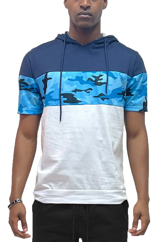 Camo & Solid Design Color-Block Short Sleeve Hooded Drawstring Shirt - Multiple Colors - (S-2XL)