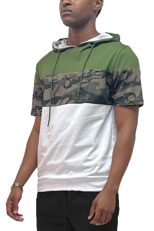 Camo & Solid Design Color-Block Short Sleeve Hooded Drawstring Shirt - Multiple Colors - (S-2XL)