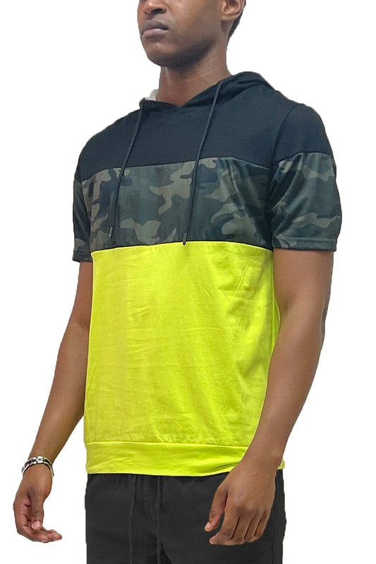 Camo & Solid Design Color-Block Short Sleeve Hooded Drawstring Shirt - Multiple Colors - (S-2XL)