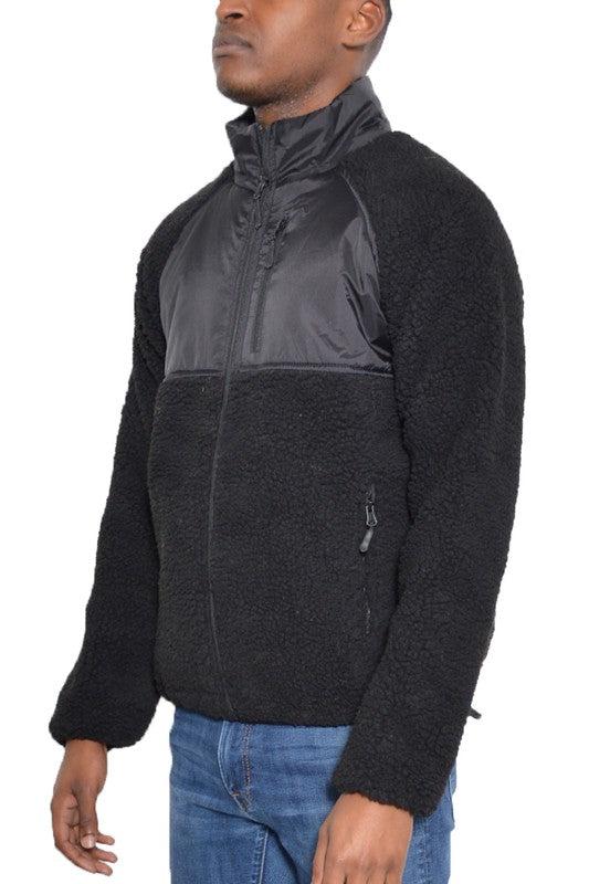 SHERPA-FLEECE POLYESTER-CUTOUT DETAIL ZIPPER JACKET WITH POCKETS - MULTIPLE COLORS - (S-3XL)