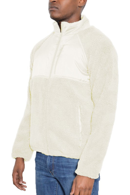 SHERPA-FLEECE POLYESTER-CUTOUT DETAIL ZIPPER JACKET WITH POCKETS - MULTIPLE COLORS - (S-3XL)