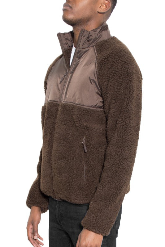 SHERPA-FLEECE POLYESTER-CUTOUT DETAIL ZIPPER JACKET WITH POCKETS - MULTIPLE COLORS - (S-3XL)