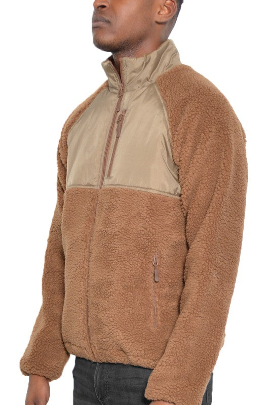 SHERPA-FLEECE POLYESTER-CUTOUT DETAIL ZIPPER JACKET WITH POCKETS - MULTIPLE COLORS - (S-3XL)