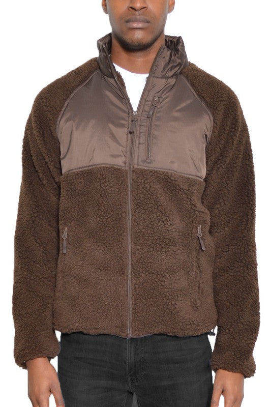 SHERPA-FLEECE POLYESTER-CUTOUT DETAIL ZIPPER JACKET WITH POCKETS - MULTIPLE COLORS - (S-3XL)