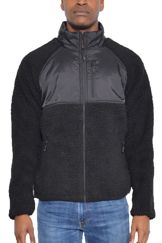 SHERPA-FLEECE POLYESTER-CUTOUT DETAIL ZIPPER JACKET WITH POCKETS - MULTIPLE COLORS - (S-3XL)