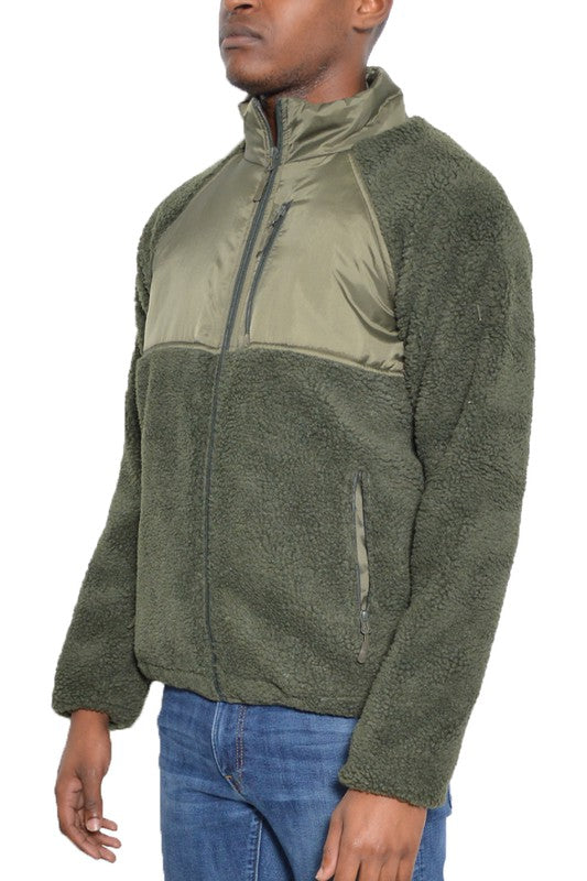 SHERPA-FLEECE POLYESTER-CUTOUT DETAIL ZIPPER JACKET WITH POCKETS - MULTIPLE COLORS - (S-3XL)