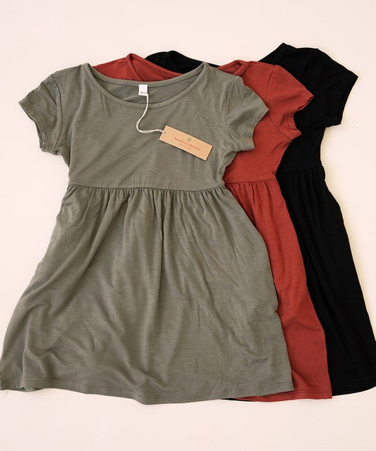 Bamboo Babydoll Solid Short-Sleeve Dress With Pockets - Multiple Colors - (S-L)