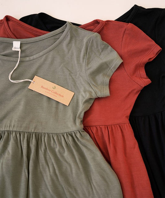 Bamboo Babydoll Solid Short-Sleeve Dress With Pockets - Multiple Colors - (S-L)