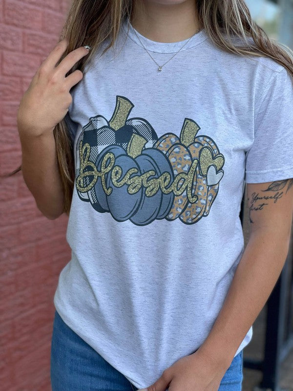 Cute "Blessed" Pumpkin Round-Neck Short-Sleeve Tee - Heather White - (2X-3X)