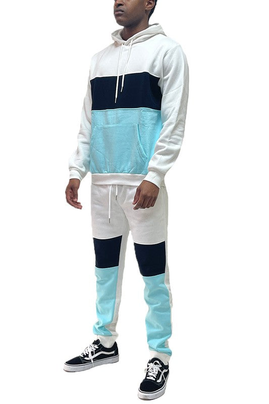 Color-Block Pullover Hoodie & Elastic-Waist Drawstring Sweatpants Set - Multiple Colors - (S-3XL)