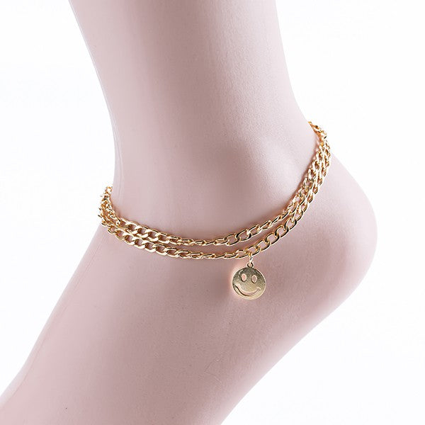 Smile Pendant Multi-Layer Chain Anklet - Gold