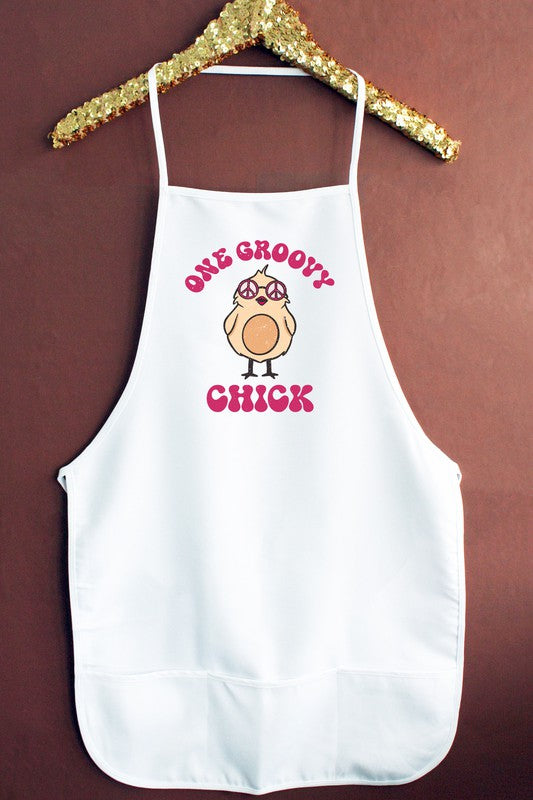 "ONE GROOVY CHICK" GRAPHIC APRON - WHITE