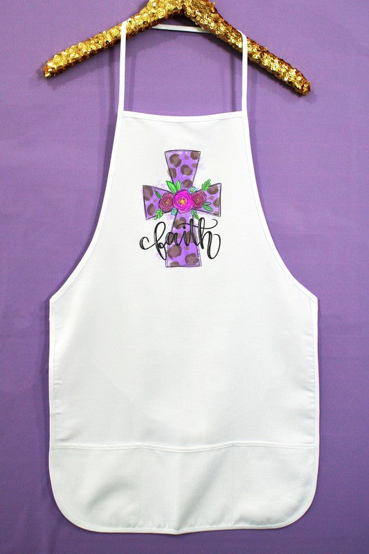 "Faith" Purple Cross Graphic Apron - White