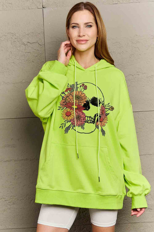 Floral Skull Graphic Dropped-Shoulder Hoodie - Lime - (S-3XL)