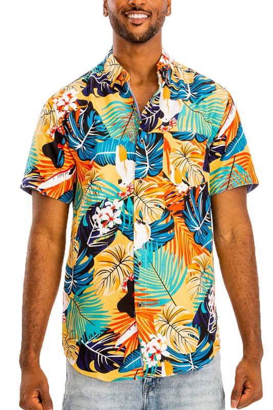 Hawaiian Print Button-Down Short Sleeve Shirt With Pocket - (S-3XL)