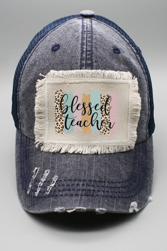 “Blessed Teacher” Leopard/Solid Striped Patch Distressed Trucker Hat - Navy