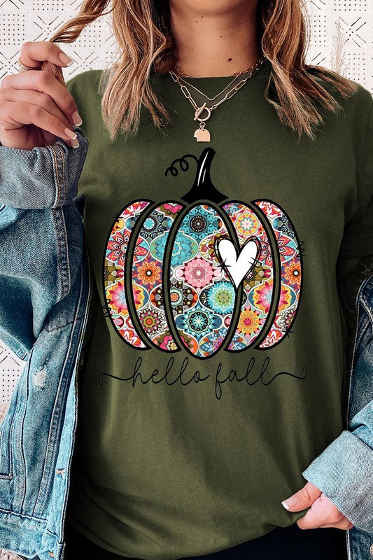 “Hello Fall” Boho-Pumpkin Graphic Round-Neck Short-Sleeve Tee - Multiple Colors - (S-L)