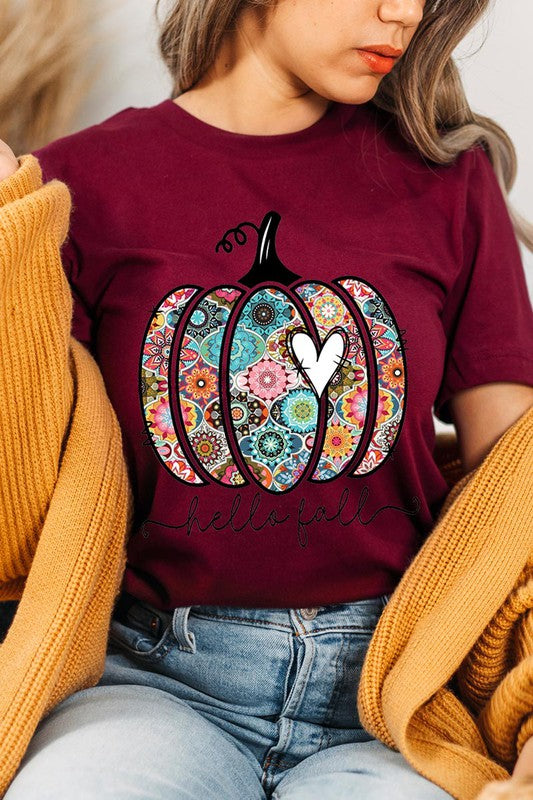 “Hello Fall” Boho-Pumpkin Graphic Round-Neck Short-Sleeve Tee - Multiple Colors - (S-L)