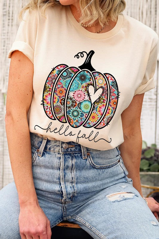 “Hello Fall” Boho-Pumpkin Graphic Round-Neck Short-Sleeve Tee - Multiple Colors - (S-L)