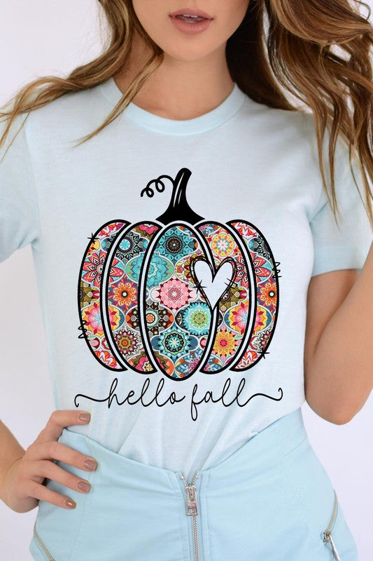 “Hello Fall” Boho-Pumpkin Graphic Round-Neck Short-Sleeve Tee - Multiple Colors - (S-L)