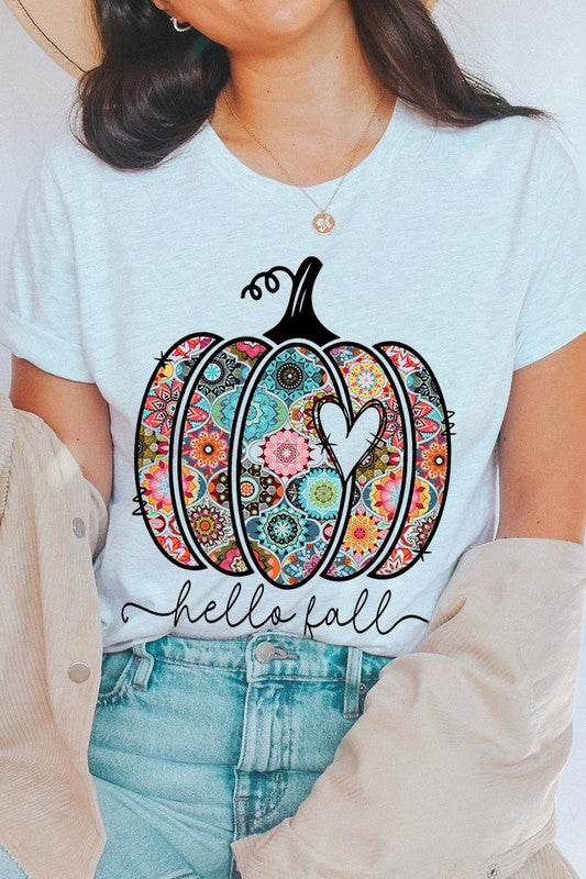 “Hello Fall” Boho-Pumpkin Graphic Round-Neck Short-Sleeve Tee - Multiple Colors - (S-L)