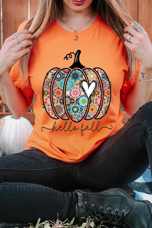 “Hello Fall” Boho-Pumpkin Graphic Round-Neck Short-Sleeve Tee - Multiple Colors - (S-L)