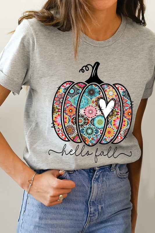 “Hello Fall” Boho-Pumpkin Graphic Round-Neck Short-Sleeve Tee - Multiple Colors - (S-L)