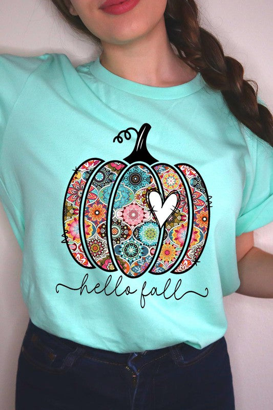 “Hello Fall” Boho-Pumpkin Graphic Round-Neck Short-Sleeve Tee - Multiple Colors - (S-L)