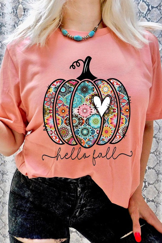 “Hello Fall” Boho-Pumpkin Graphic Round-Neck Short-Sleeve Tee - Multiple Colors - (S-L)