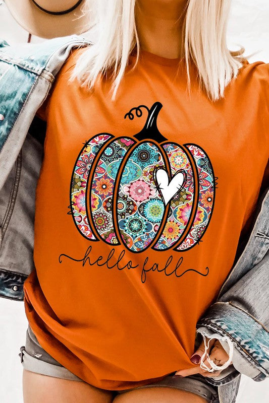 “Hello Fall” Boho-Pumpkin Graphic Round-Neck Short-Sleeve Tee - Multiple Colors - (S-L)